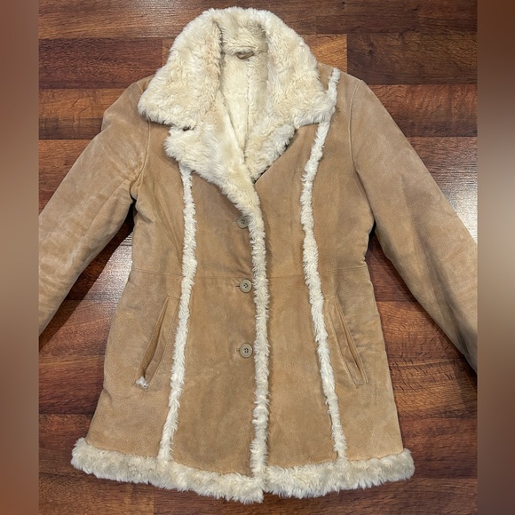 Wilsons Leather Maxima Suede Tan Coat Faux Fur Shearling Lining Women's Medium